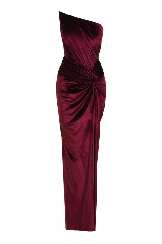 Velvet Strapless Wrap Maxi Dress with slit - Burgundy