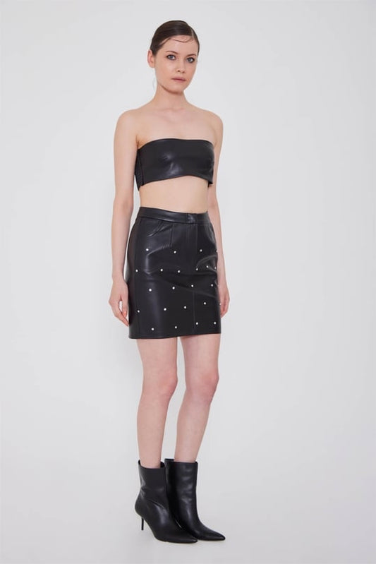 PU Leather Mini Skirt with Embellishments Deep - Ink Black - LussoCA