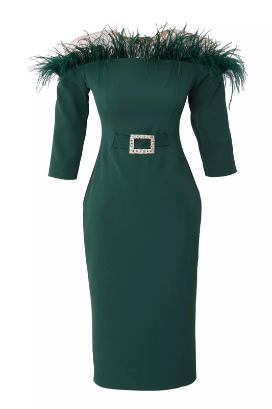 Crepe 3/4 Sleeve with Feather Neckline and Waist Buckle Midi Dress - Green