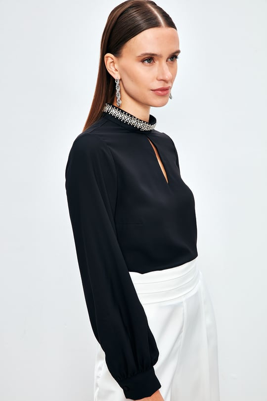 Keyhole Beaded Mock Neckline Longsleeve Blouse - Black