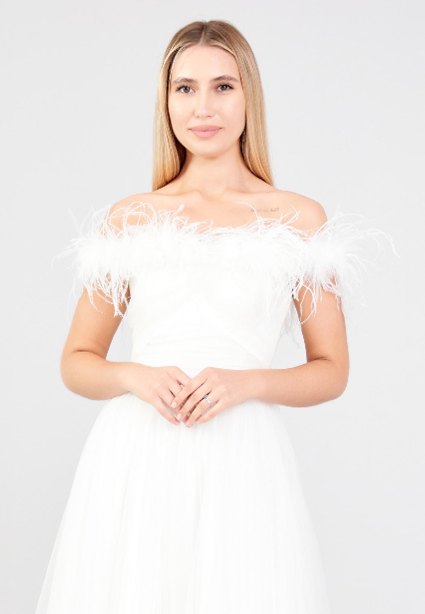 Feather Off Shoulder Maxi Tulle A-Line Dress - White