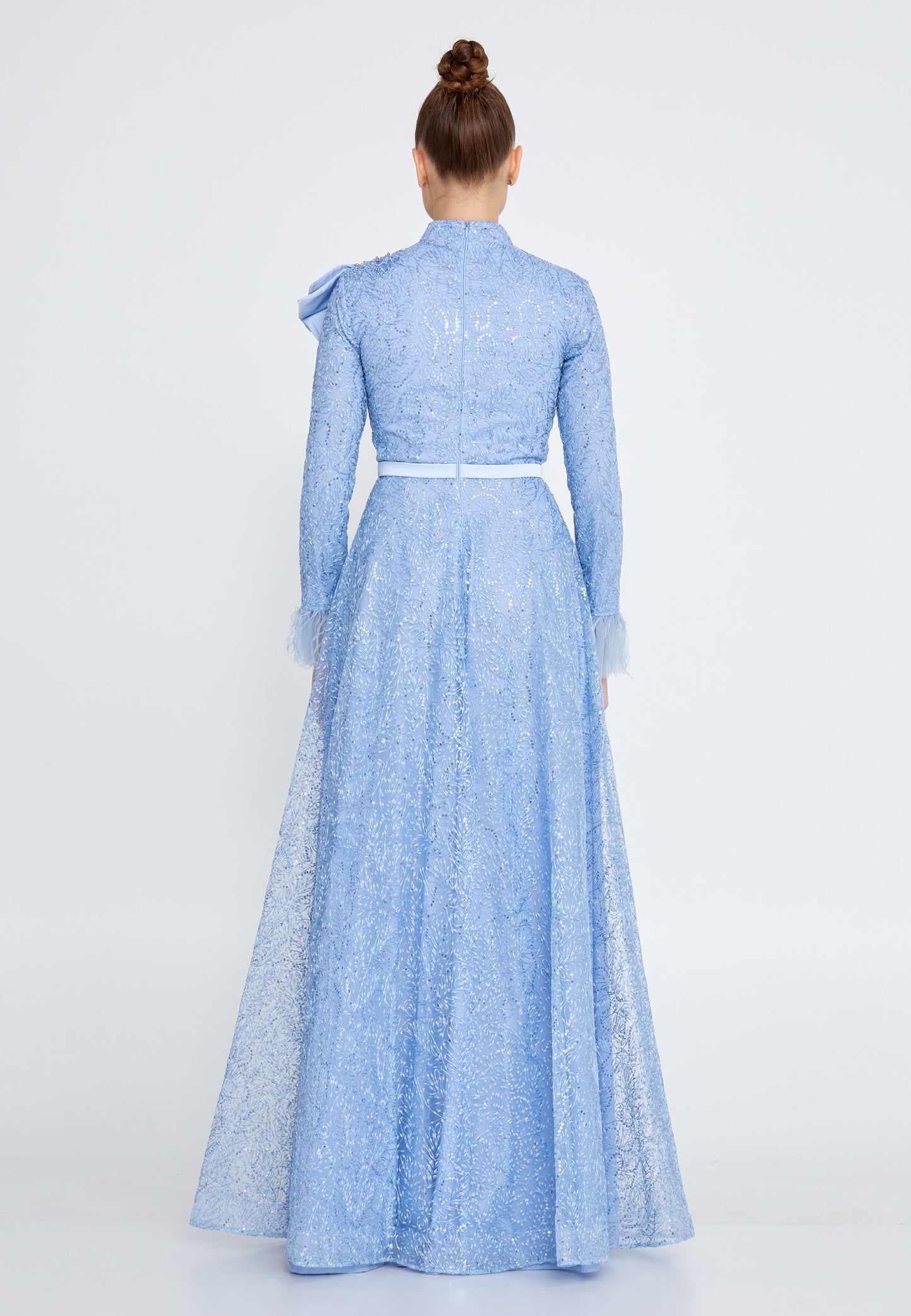 Modest Lace Full Sleeve Ruffle Neck Long Dress - Baby Blue