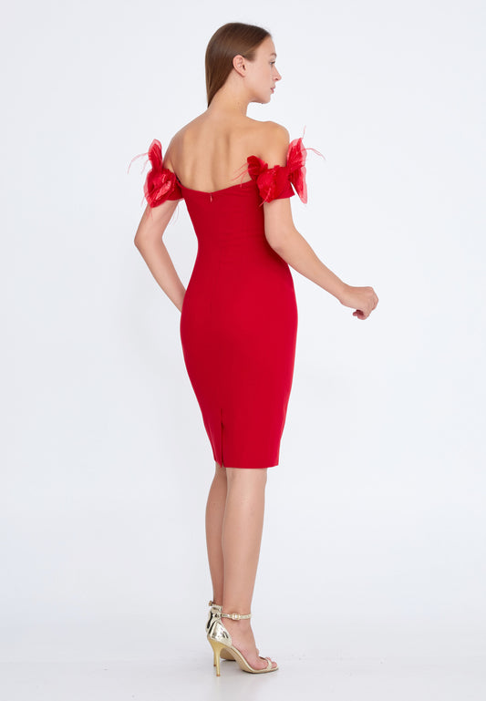 Off Shoulder Mini Crepe Column Regular Red Cocktail Dress - LussoCA