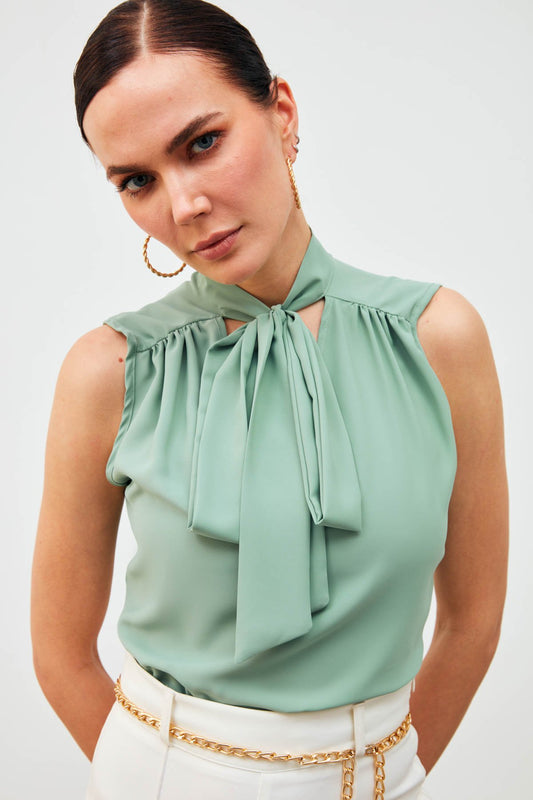 Sleeveless Blouse with Scarf - sage green - LussoCA