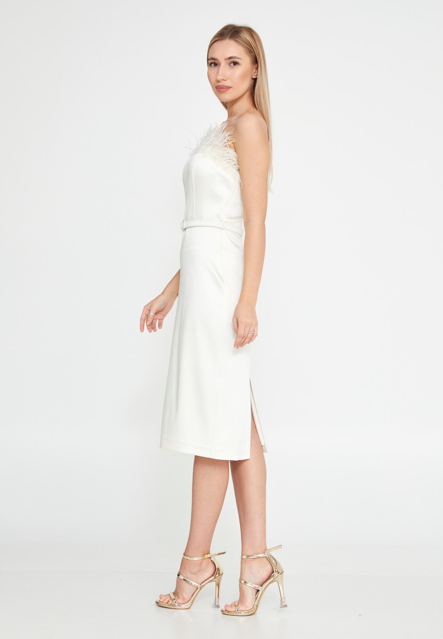 Strapless Midi Satin Pencil Skirt  with Feather Collar Regular Cocktail Dress - White