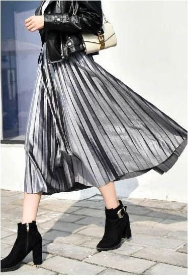 Trendy Shiny Satin Pleated Skirt-Bottom-LussoCA-Gray-One size-LussoCA