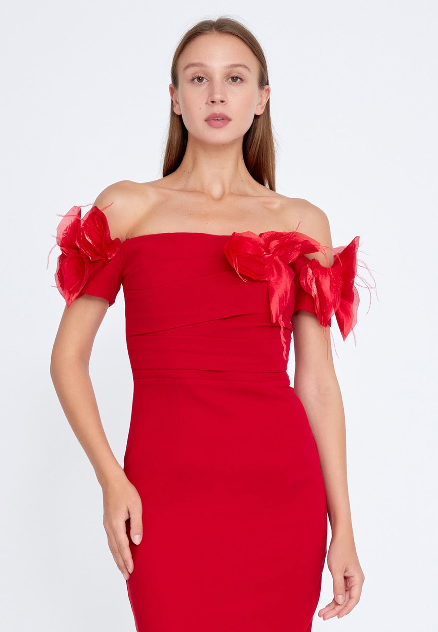 Off Shoulder Mini Crepe Column Regular Red Cocktail Dress - LussoCA