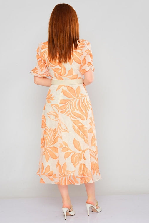 Short Sleeve Floral Georgette Chiffon V-neck Midi Casual dress - Orange