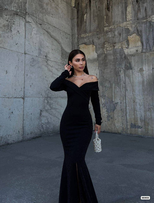 Off-Shoulder Long Sleeve Shimmery Maxi Dress in Black – women's maxi dress by Lusso, view 2