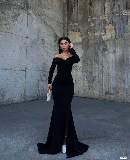 Off-Shoulder Long Sleeve Shimmery Maxi Dress in Black – women's maxi dress by Lusso