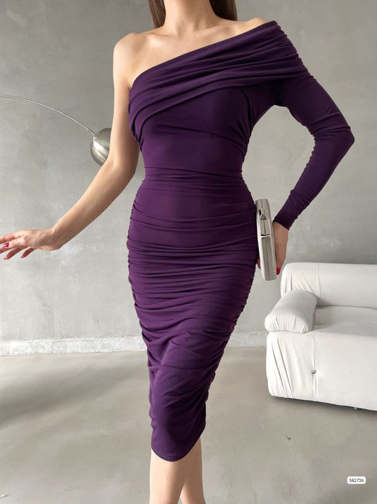 Bodycon Ruched Jersey Fabric One-Sleeve Midi Dress - Purple