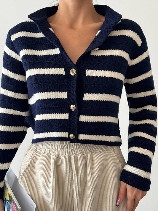 Striped Pattern Cardigan - Navy Blue