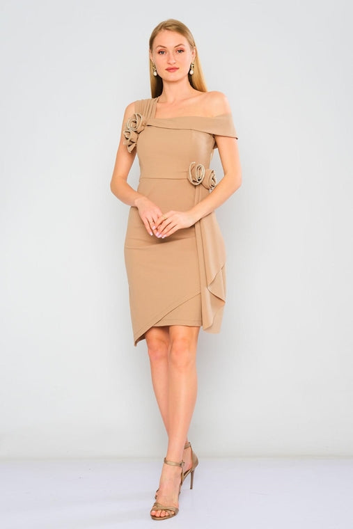 A-symmetric Knee Length Crepe Dress - Beige