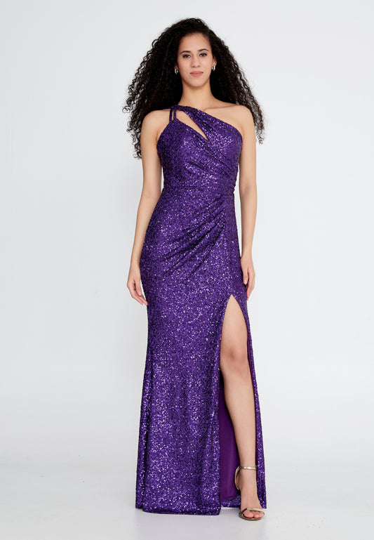 One Shoulder Maxi Sequin Mermaid Regular Purple Wedding Guest Dress- Purple - LussoCA