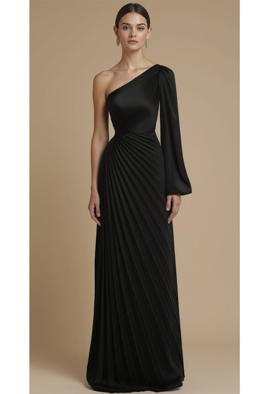 Satin Single Sleeve Long Dress - Black