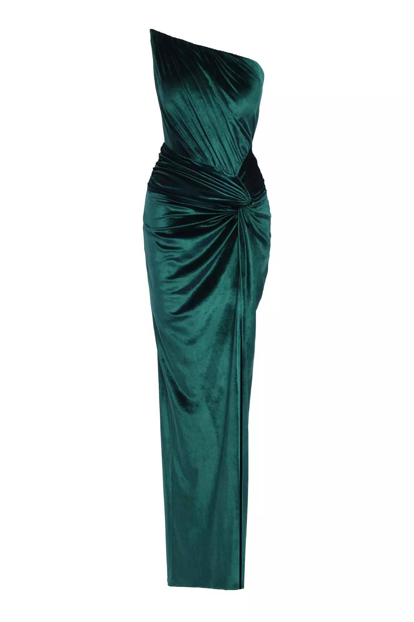 Velvet Strapless Wrap Maxi Dress with slit - Green