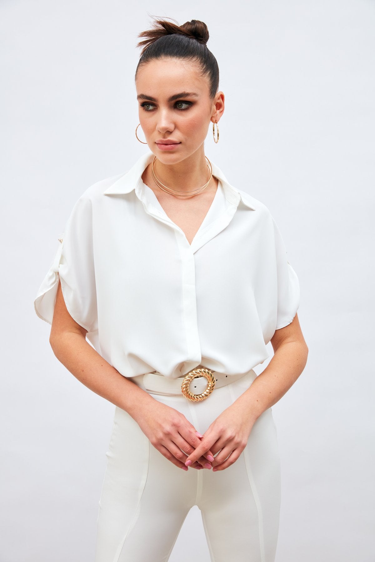 Casual Shirt with Sleeve Detail - EKRU - LussoCA