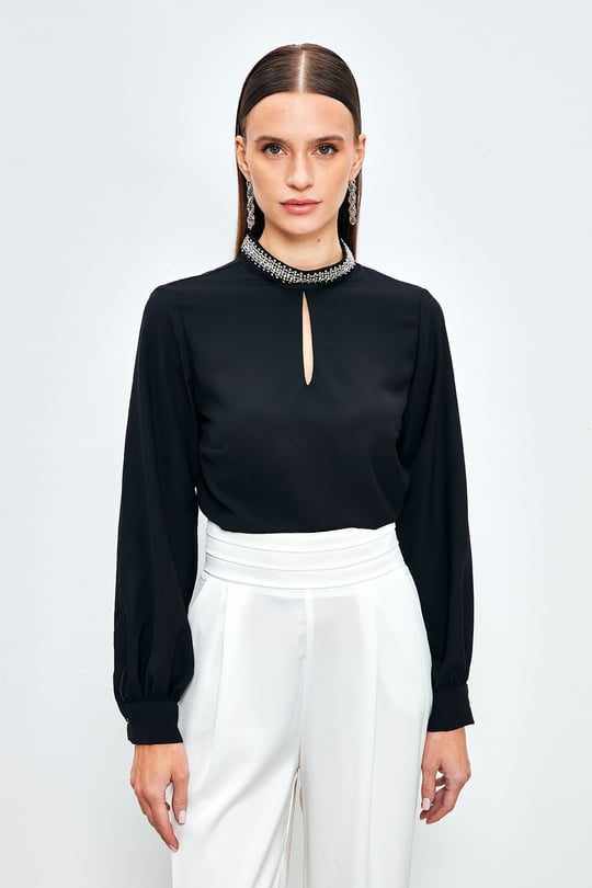 Keyhole Beaded Mock Neckline Longsleeve Blouse - Black