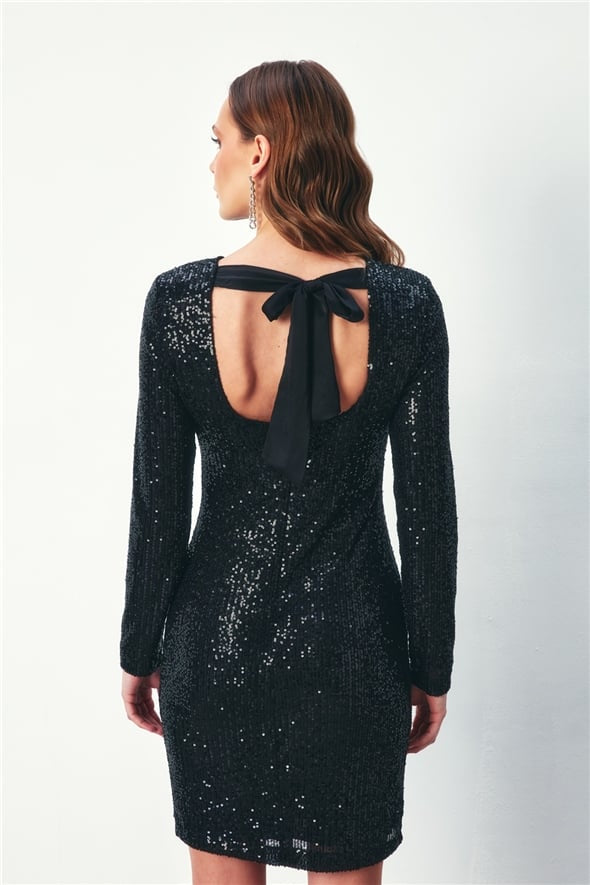 Backless Sequined Dress - Black - LussoCA