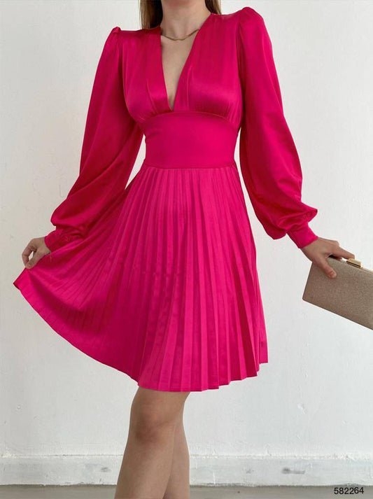 V-Neck Satin Long-Sleeve Pleated skirt Knee Length Dress - Hot Pink