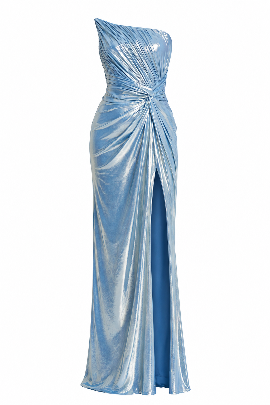 Metallic One-Shoulder Draped Gown with High Slit in Ice Blue – women's evening gown by Lusso