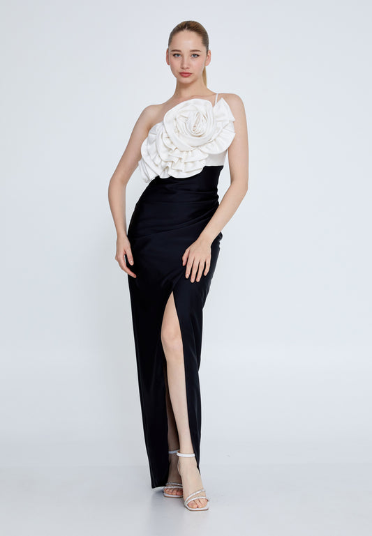 Black and white long dress with big flower - LussoCA