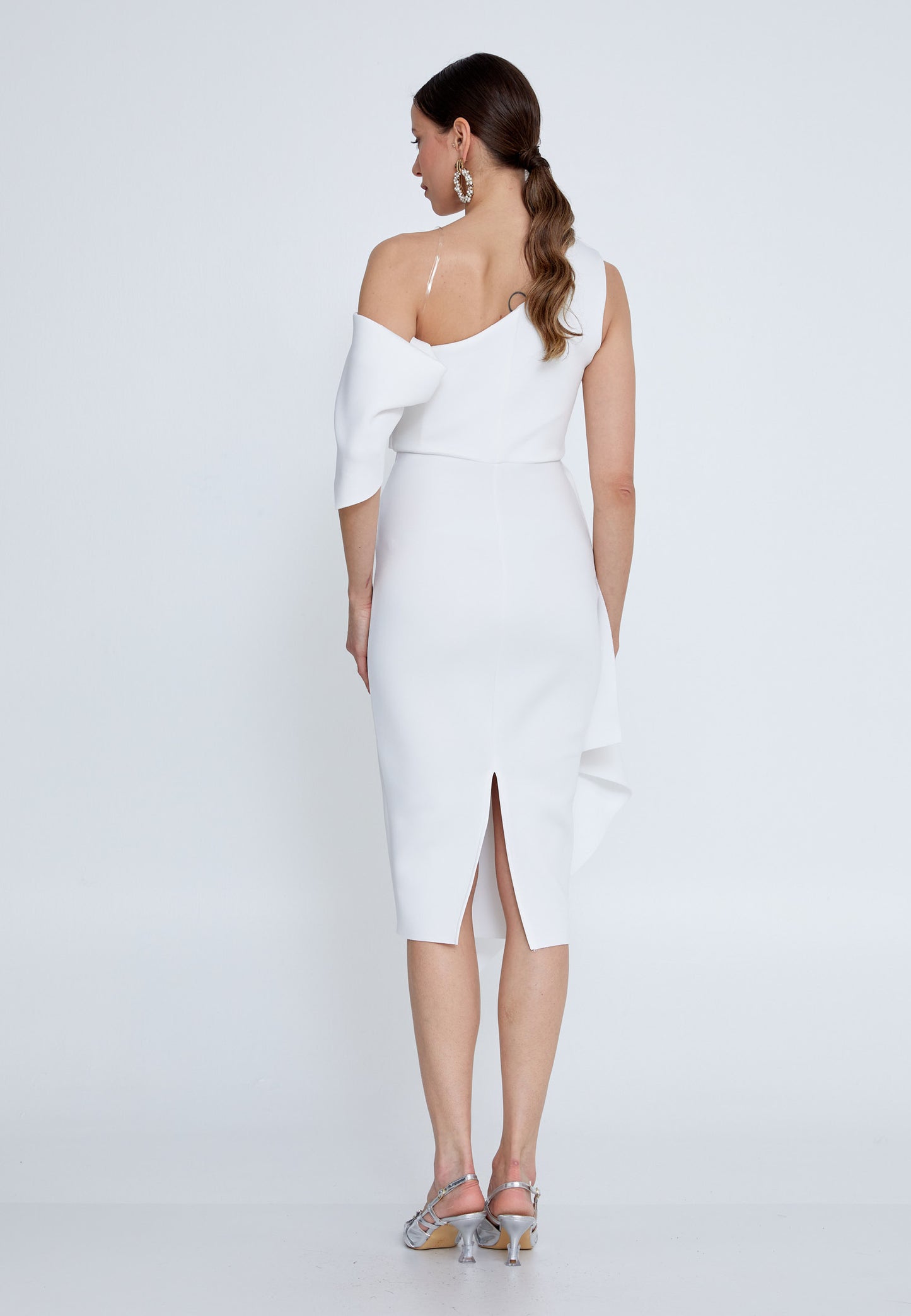 Asymmetric Neckline Midi Dress - White