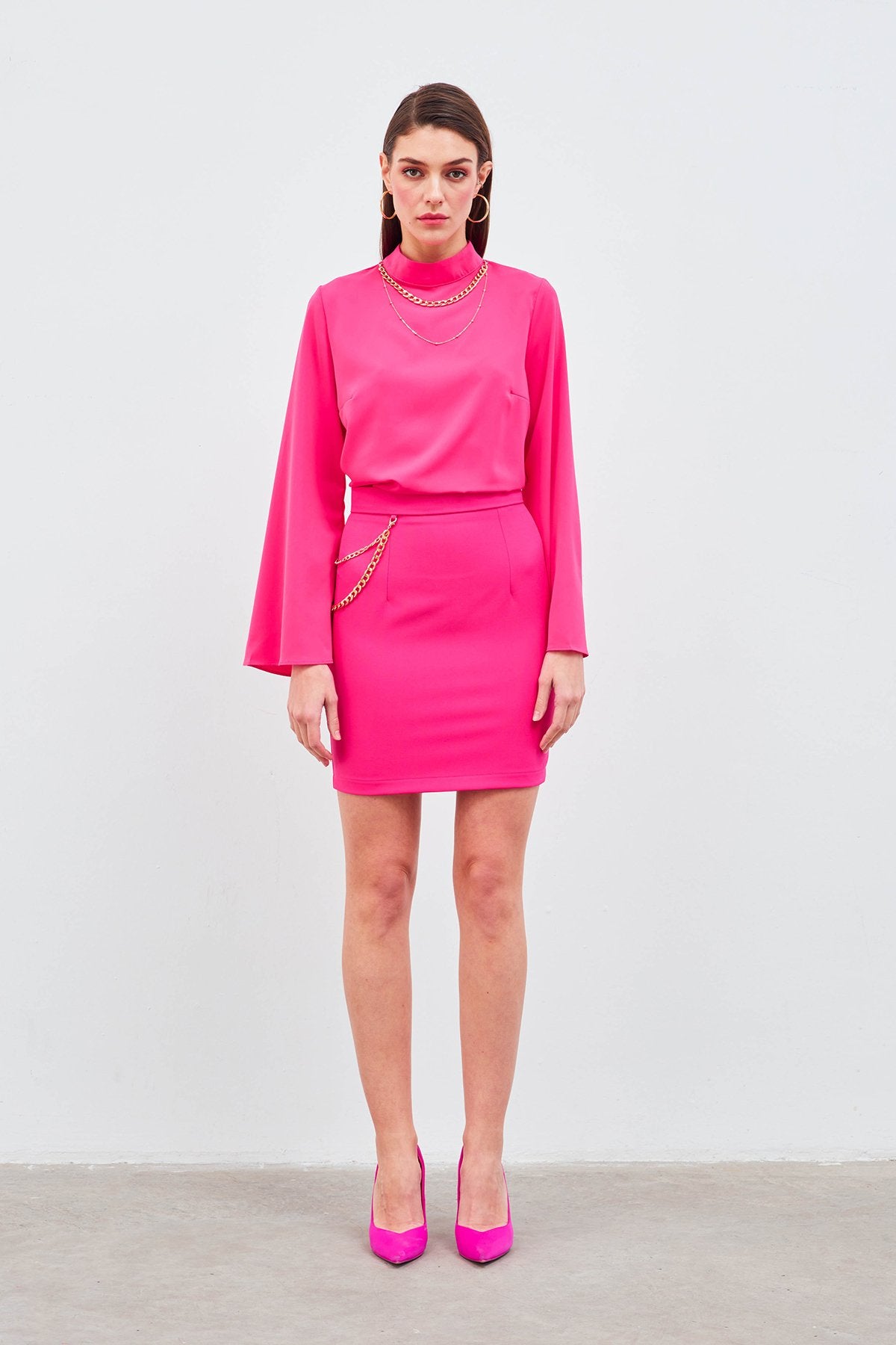 Spanish Sleeve Blouse with Necklace - Hot Pink - LussoCA