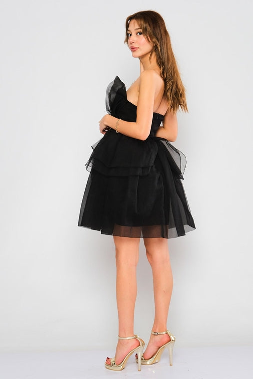 Chiffon Layered Mini dress with Removable Strap - Black