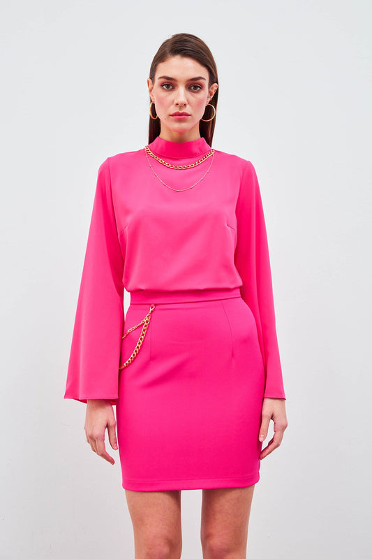 Spanish Sleeve Blouse with Necklace - Hot Pink - LussoCA