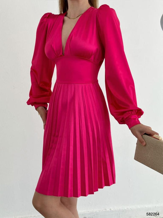 V-Neck Satin Long-Sleeve Pleated skirt Knee Length Dress - Hot Pink