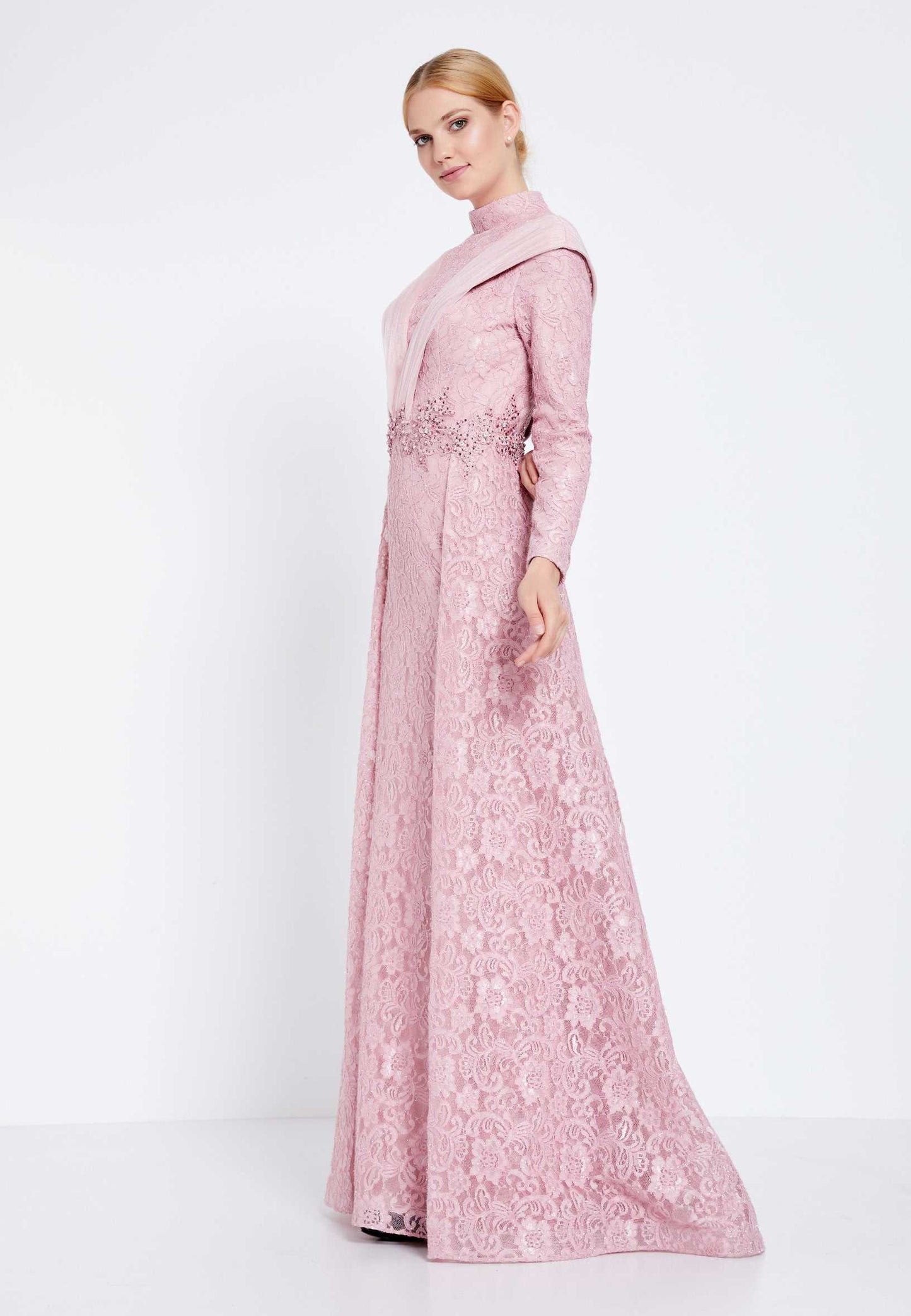 Modest Lace Full Sleeve Double Skirt Long Dress - Pink