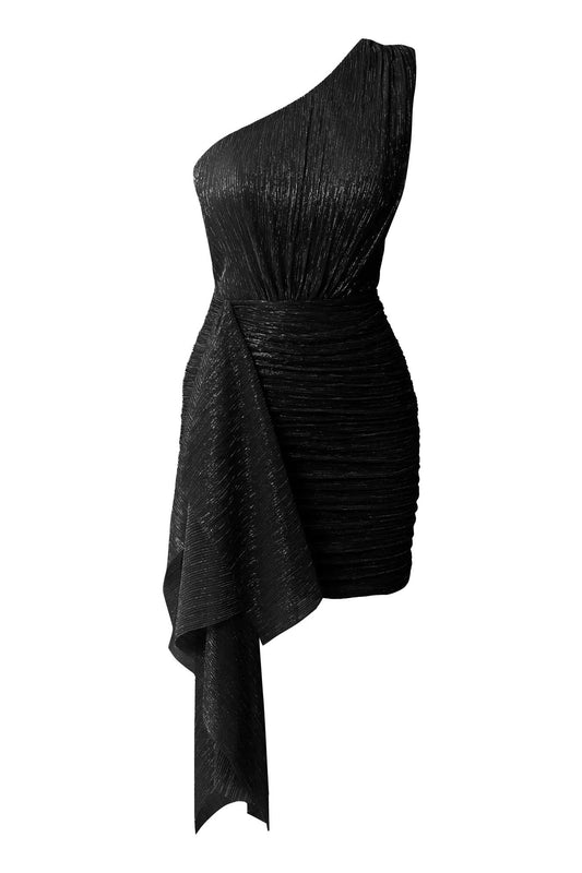 Moonlight Metallic One-Shoulder Mini Dress - Black