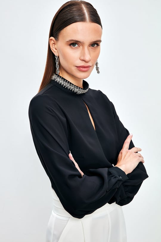 Keyhole Beaded Mock Neckline Longsleeve Blouse - Black