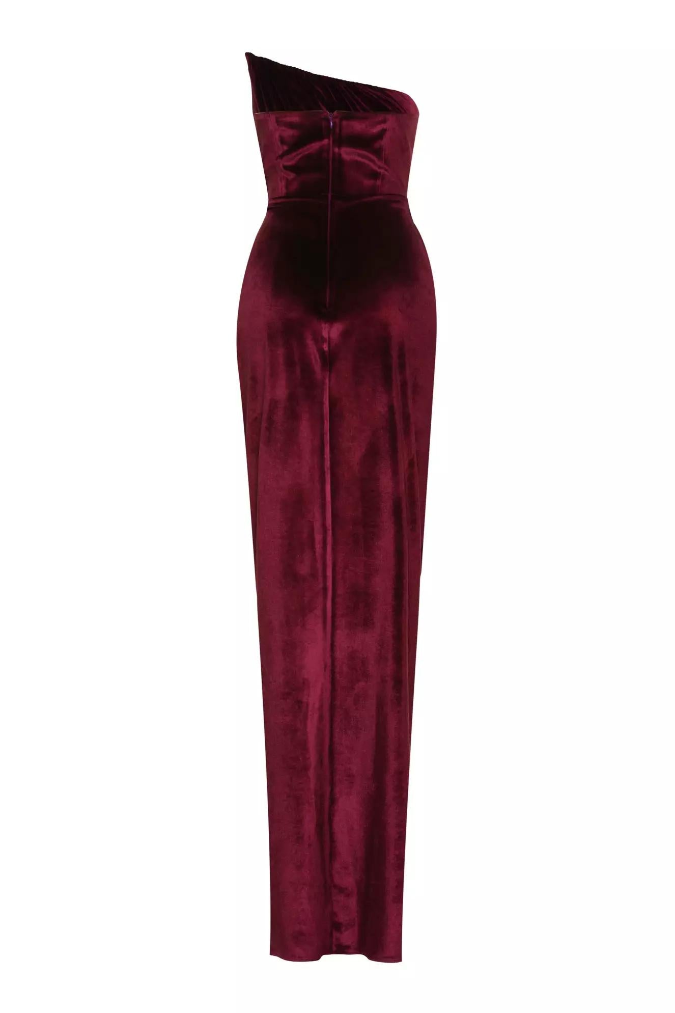 Velvet Strapless Wrap Maxi Dress with slit - Burgundy