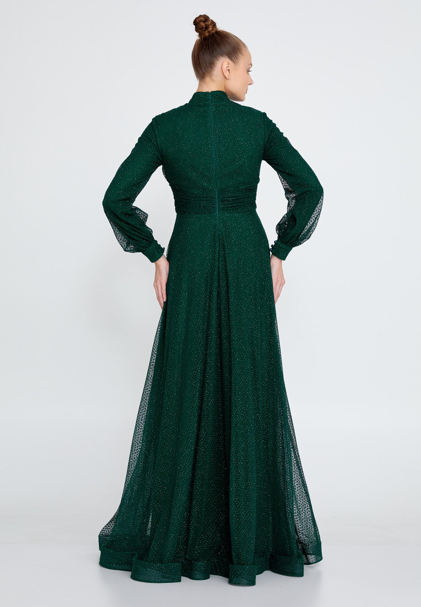 Modest Long Sleeve Chiffon Glitter Long Dress - Emerald