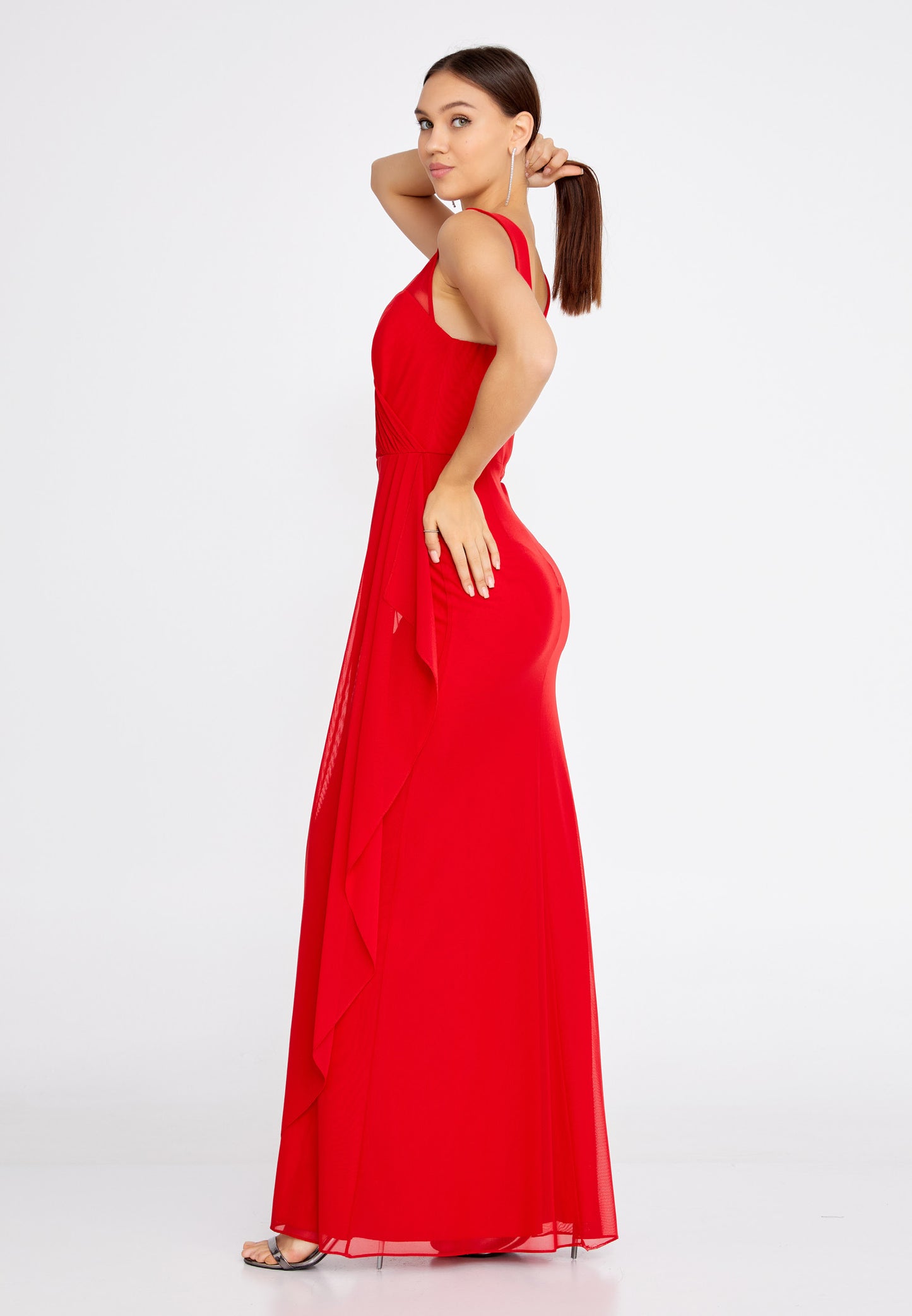 Chiffon Wrap Column Long Dress - Red