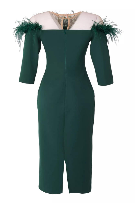 Crepe 3/4 Sleeve with Feather Neckline and Waist Buckle Midi Dress - Green - LussoCA