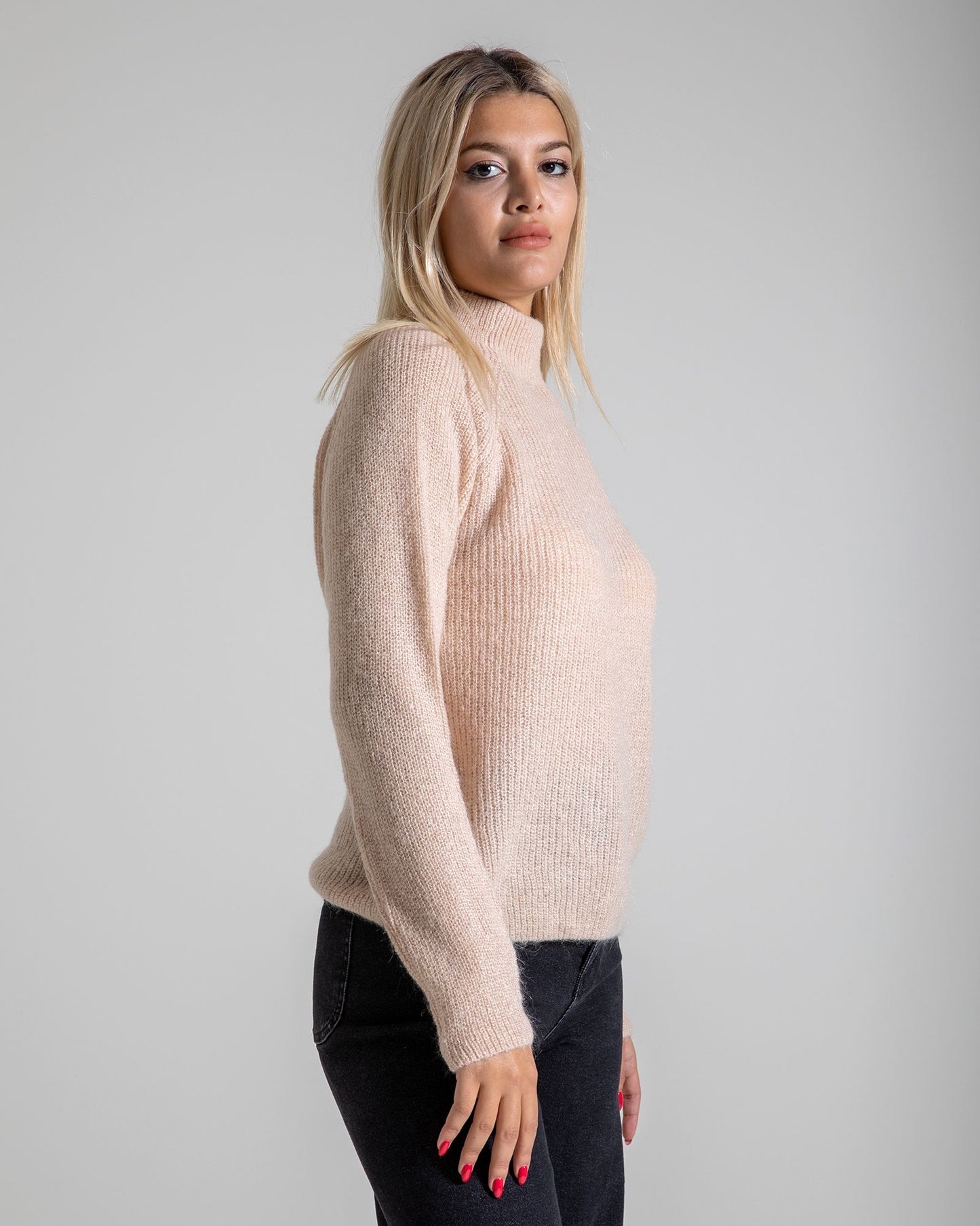 Turtleneck Long Sleeve Mohair Sweater - Beige