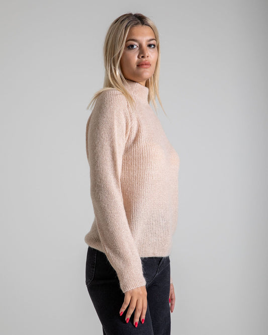 Turtleneck Long Sleeve Mohair Sweater - Beige - LussoCA