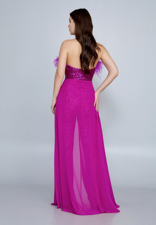 Strapless Sequin Chiffon Regular Fit Evening Jumpsuit - Fuchsia - LussoCA