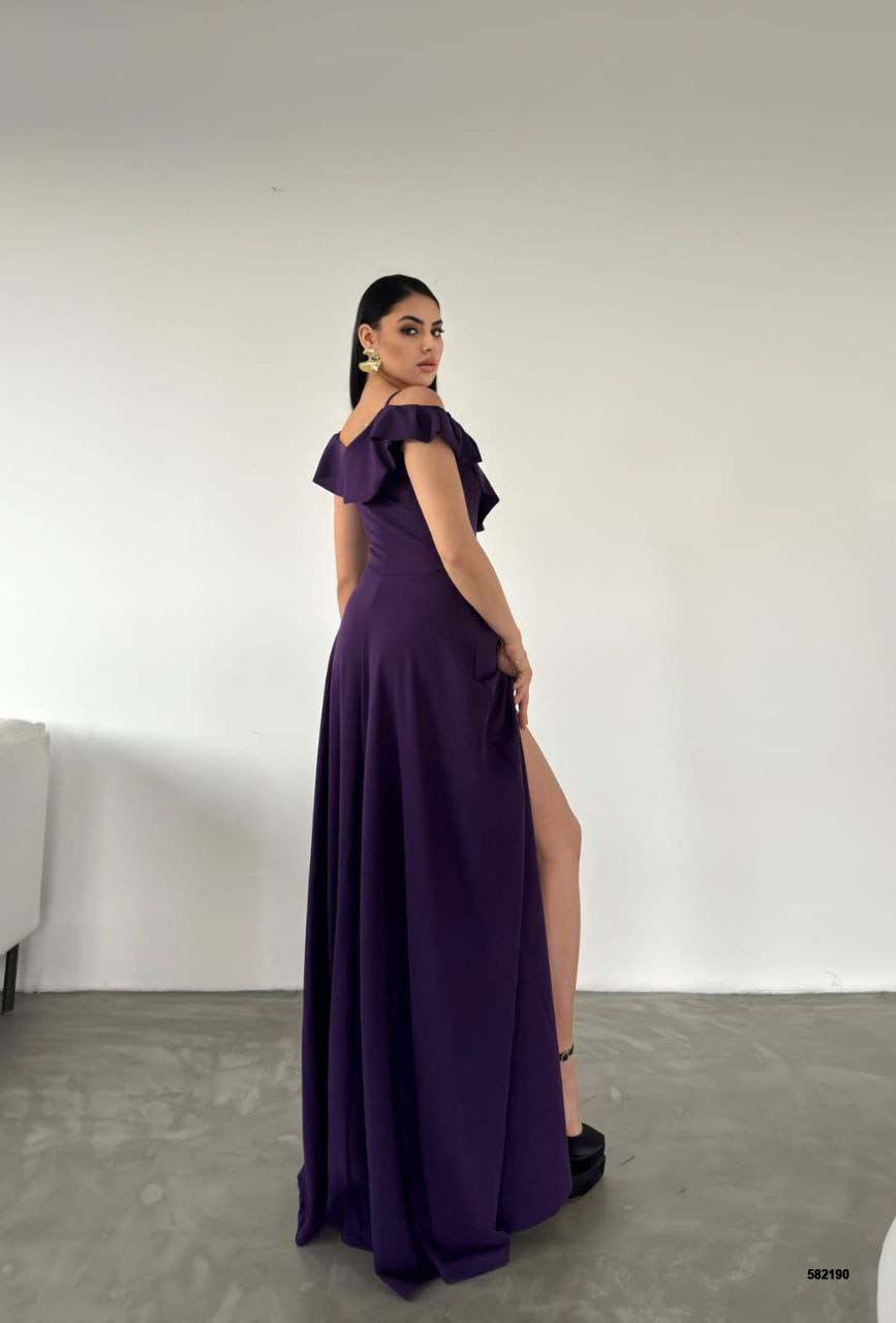 Off-Shoulder Maxi Dress with Spaghetti Straps and Long Slit - Purple