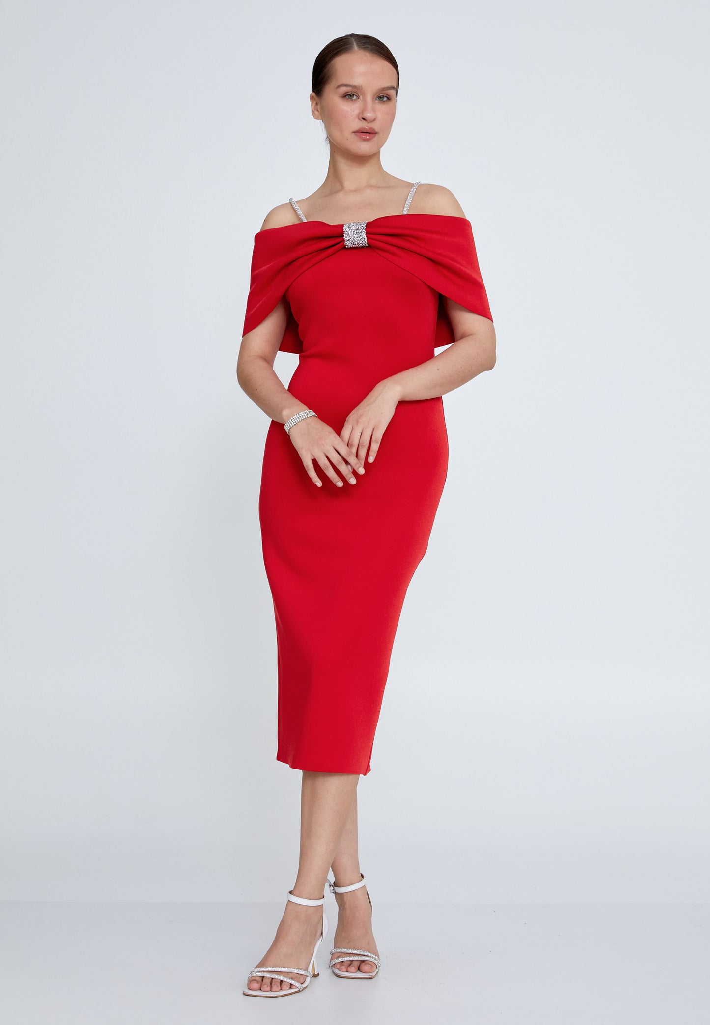 Big Bow Off Shoulder with Straps Midi Pencil Dress - Red