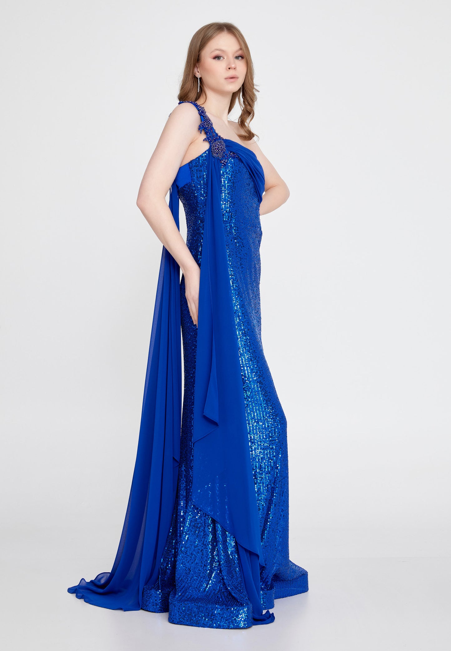 One-shoulder Sequin Gown with Long Chiffon Shoulder - Royal Blue