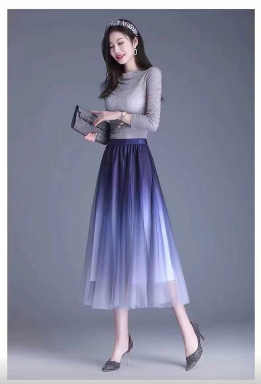 Ombre Chiffon Midi Skirt with Shiny Stone - purple