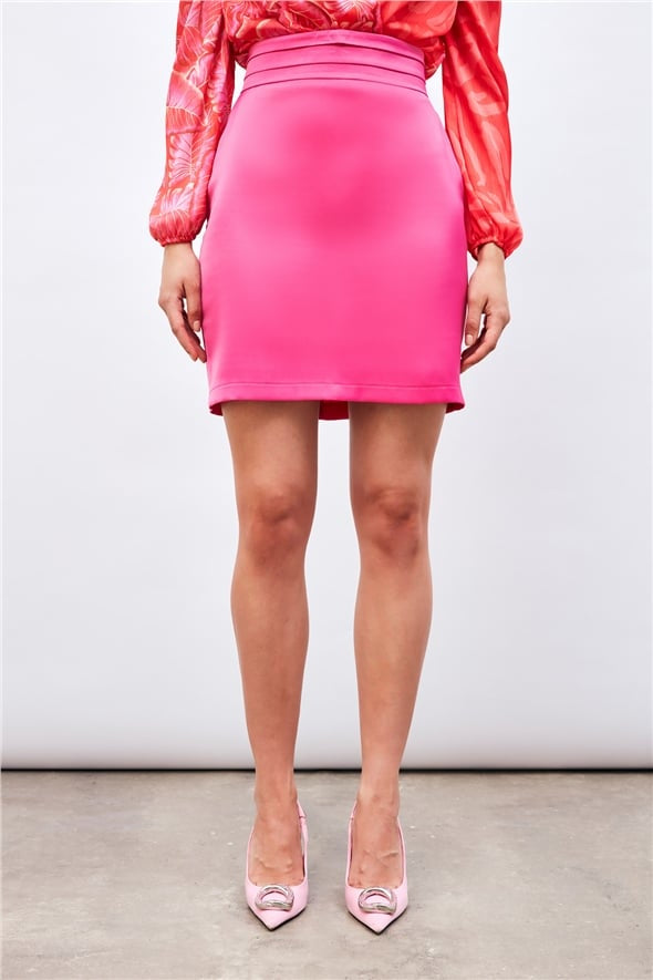 Mini Satin Skirt with Waist Detail - Fuchsia - LussoCA