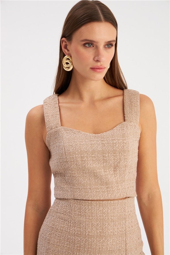 Strap Tweed Crop Blouse - Beige - LussoCA