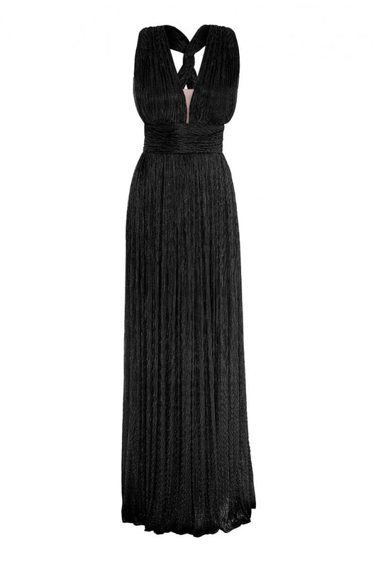 Moonlight Metallic Rope Halter Sleeve Long Dress - Black