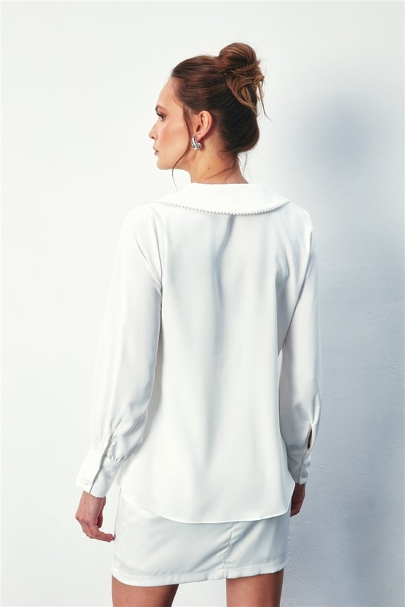 Plunge Neck LongSleeve Blouse with Pearl Collar - White