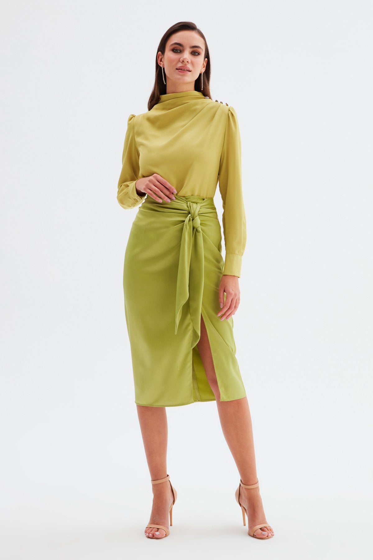 Tied Satin Skirt - Olive - LussoCA